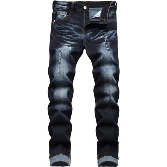 Junbaoss Mens Ripped Skinny Jeans Stretch Slim Fit Distressed Denim Pants - Picture 7 of 7